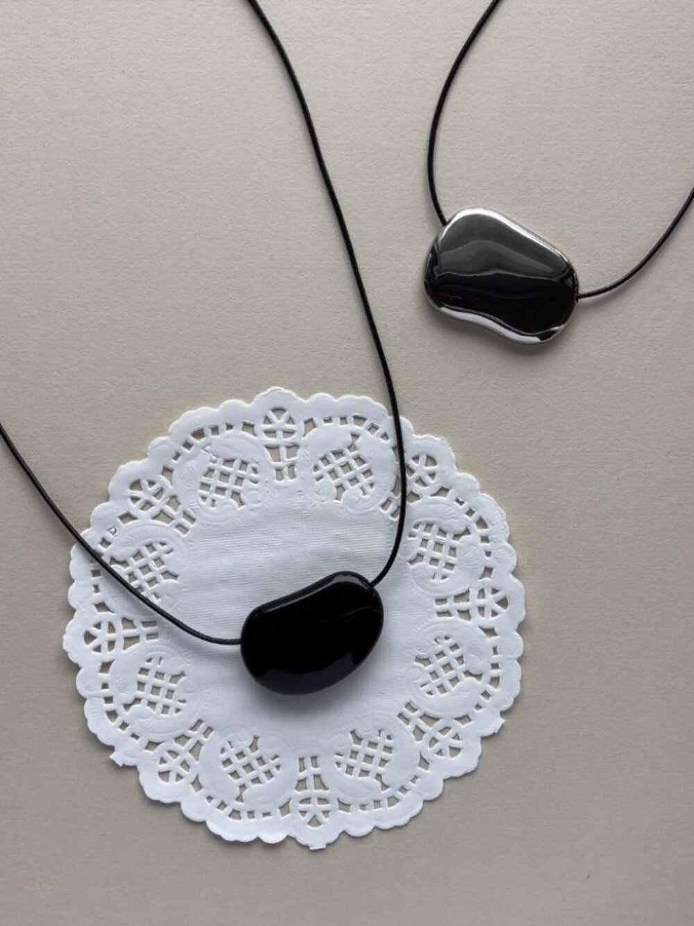 Black Bean Necklace - Irregular Pebble Statement Pendant - Adjustable Cord - Picture 6 of 7